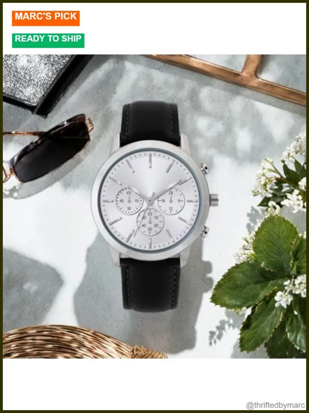 Men's Analog Quartz Watch with Leather Strap, Chronograph Subdials